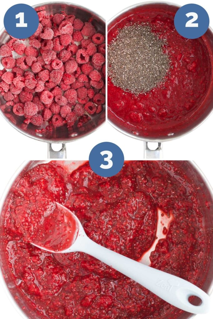 Collage of 3 Images Showing the Process Steps for Making Chia Jam. 1) Heat fruit until soft 2)Add Chia Seeds 3) Stir and Allow to Cool