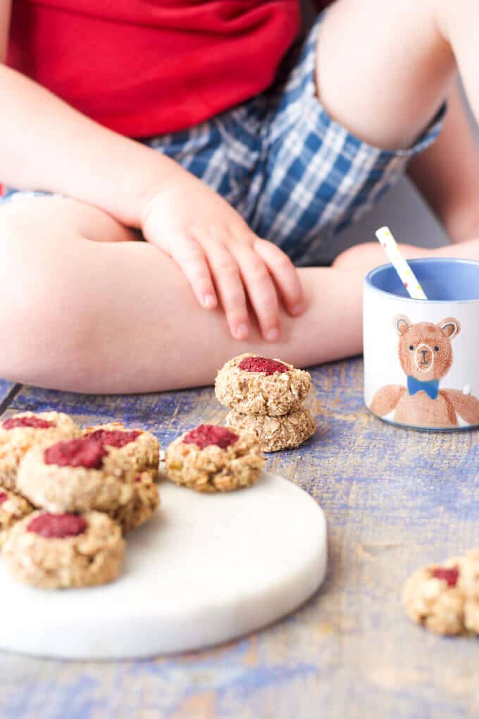 Healthy Thumbprint cookies perfect for baby led weaning or for kids. Made with 5 healthy ingredients they are healthy enough to serve for breakfast! Lunchbox friendly.