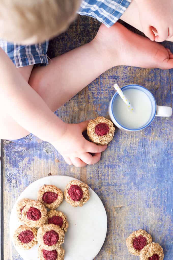 Healthy Thumbprint cookies perfect for baby led weaning or for kids. Made with 5 healthy ingredients they are healthy enough to serve for breakfast! Lunchbox friendly. #babyledweaning #blw #kidfood #kidsfood #kidsnack