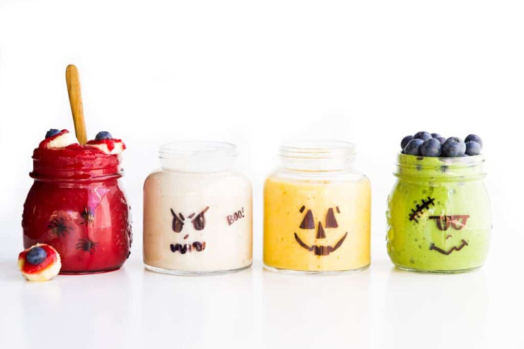 4 Fun Halloween Smoothies 1) Bloodshot Eye 2)Ghost 3)Pumpkin and 4)Frankenstein