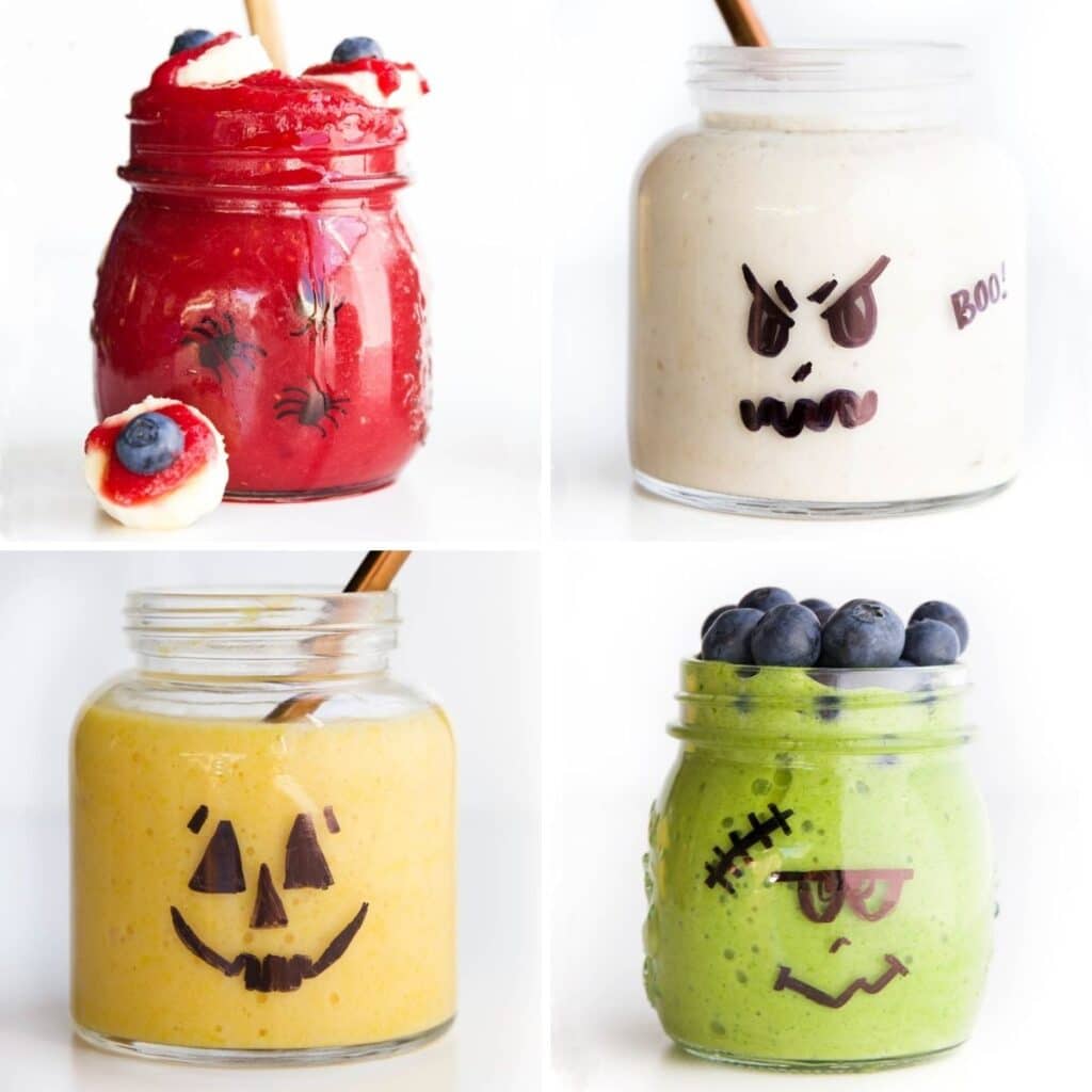 4 Fun Halloween Smoothies 1) Bloodshot Eye 2)Ghost 3)Pumpkin and 4)Frankenstein