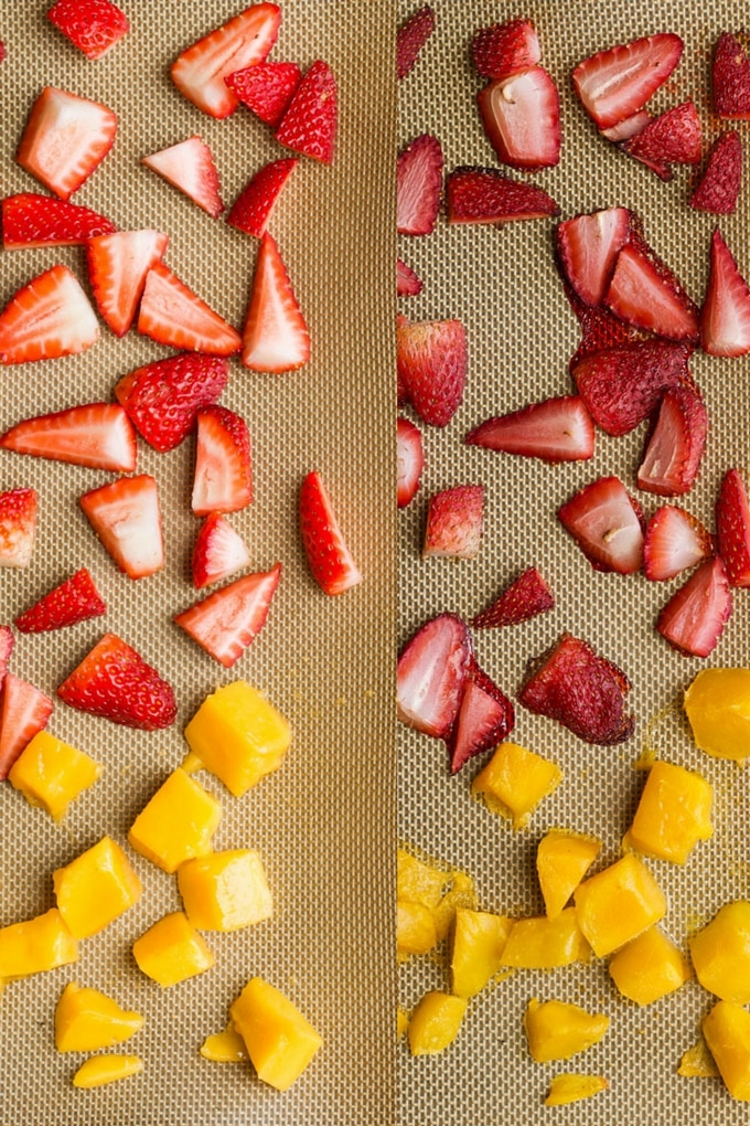 Strawberry and mango pieces pre baked and after baked 