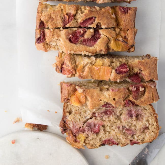 Healthy Strawberry Mango Banana Bread. No refined sugar, sweetened only with fruit. Great for baby-led weaning. Lunchbox friendly
