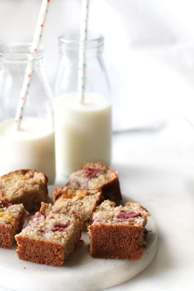 Healthy Strawberry Mango Banana Bread cut into bite size pieces. 