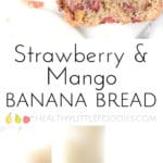 Healthy Strawberry Mango Banana Bread. No refined sugar, sweetened only with fruit. Great for BLW (Baby-led weaning) or for lunch boxes.