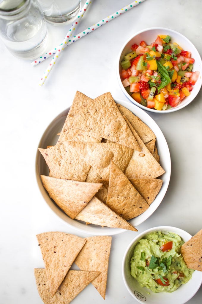 Bowl of Tortilla Chips with Guacamole and Fruit Salsa Dip
