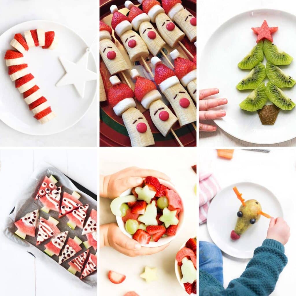 Collage of 6 Images of Christmas Snacks Made of Fruit. Banana and Strawberry Candy Cane, Banana and Strawberry Santas, Kiwi Christmas Tree, Watermelon Christmas Trees, Christmas Shaped Fruit Salad and Pear Rudolph