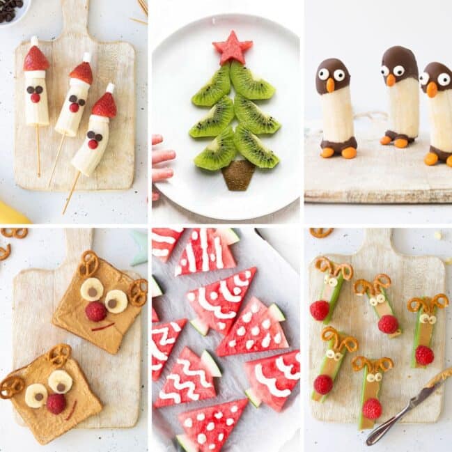 A Collage of Six Healthy Christmas Snack Ideas for Kids.