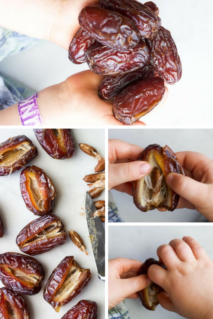 Stuffed dates process steps. Child pitting medjool dates.