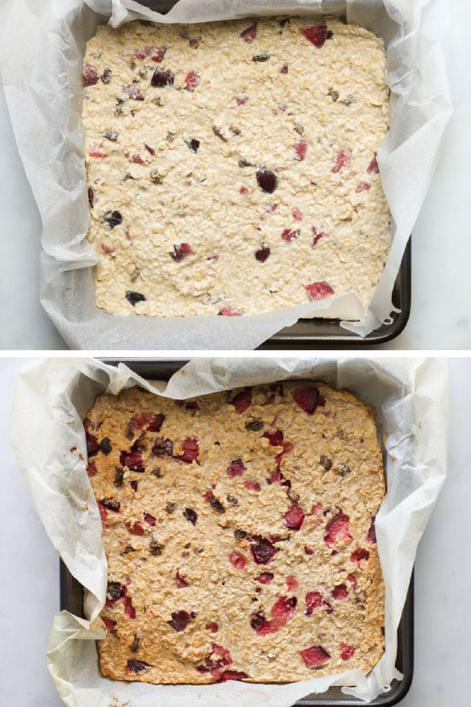 Plum and Almond Baked Oats Shown Before and After Baking