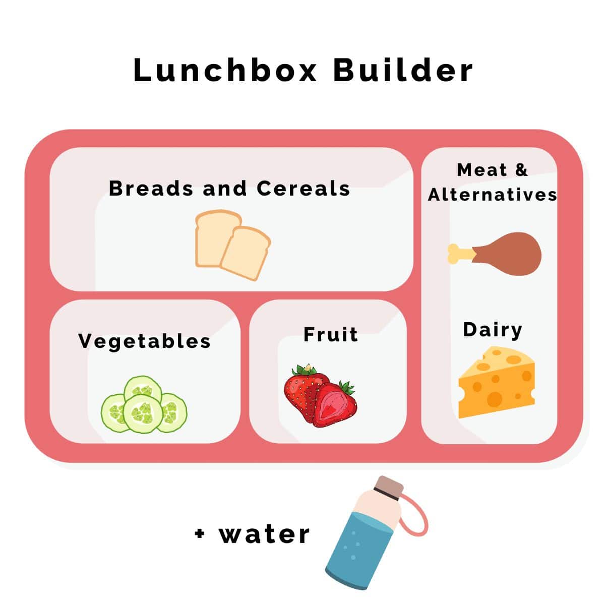 Graphic Bento Lunchbox Image With 5 Sections Each with Titles and Matching Images 1)Breads and Cereals 2)Meat & Alternatives 3)Vegetables 4)Fruit 5)Dairy
