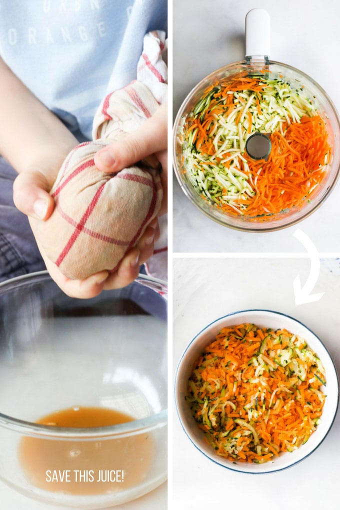 Boy squeezing juice out of grated carrot and zucchini