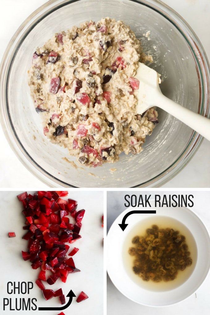 Process steps for plum and baked almond oats in 3 sections. 1) Mixture, 2) chopped plums 3) soaked raisins.