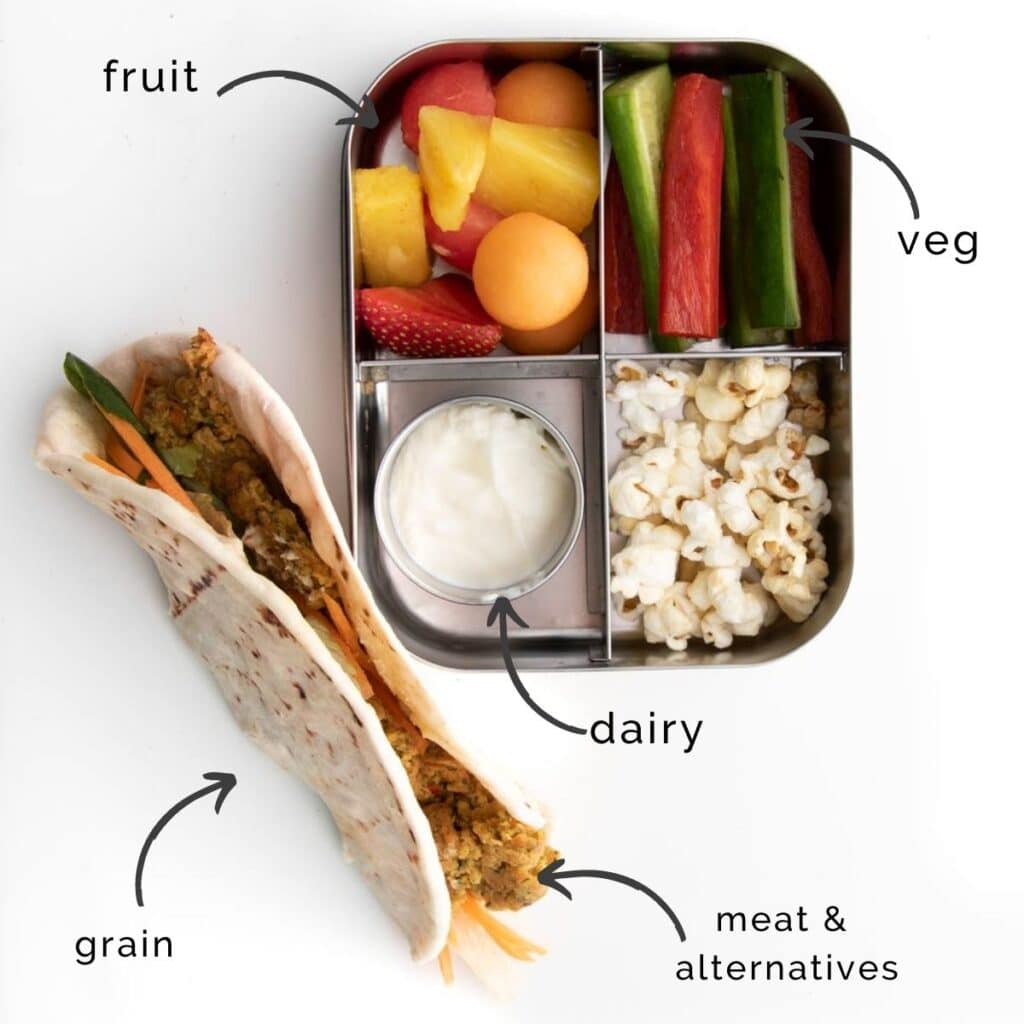 Falafel Filled Pita Sitting Next to Bento Container with Yogurt Dip, Fruit Salad, Vegetable Strips and Popcorn.