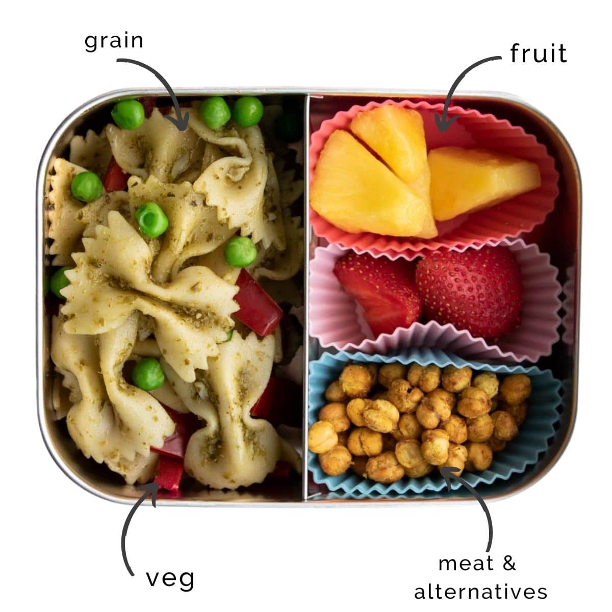 Bento Lunchbox with Pasta Pesto Salad, Pienapple, Strawberries and Baked Chickpeas