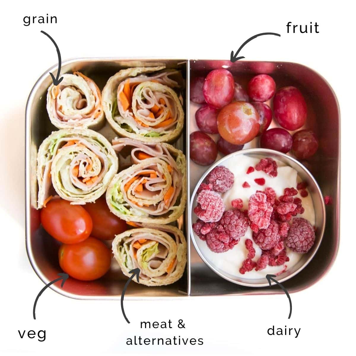 Metal Bento Lunchbox with Two Sections One Sections Contains Pinwheel Sandwiches and Cherry Tomatoes the Second Section Contains a Container of Yogurt Topped with Raspberries and Some Grapes.