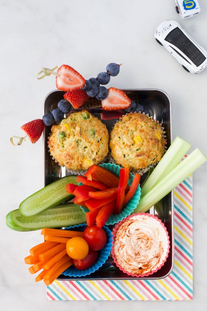 Lunch Tray with Savoury Muffins, Vegetables and a Dip