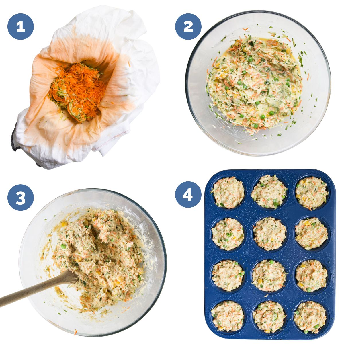 Collage of 4 Images Showing the Process Steps for Making Vegetable Muffins. 1) Liquid Squeezed out Veggies 2)Wet Ingredients in Bowl. 3)Wet and Dry Ingredients Mixed in Bowl 4) Raw Muffin Mixture in Muffin Tray.