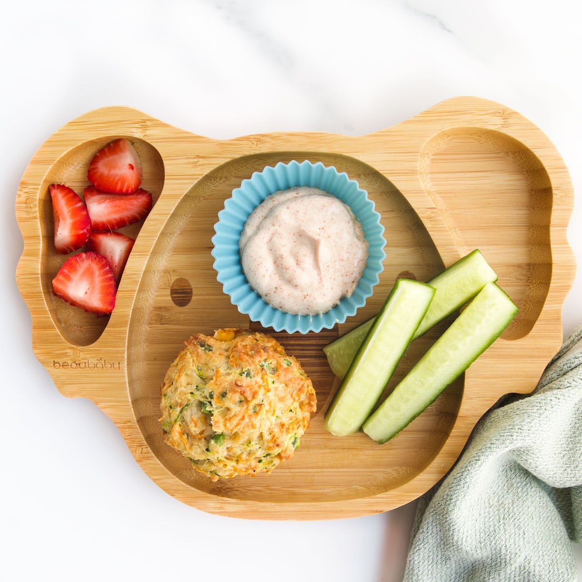 Vegetable Muffin on Bamboo Baby/Toddler Plate Served with Cucumber Sticks, Dip and Strawberries.