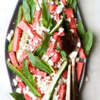 watermelon feta mint salad on serving plate