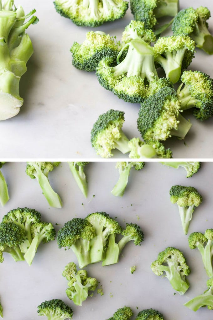 Raw Broccoli Florets Before and After Slicing