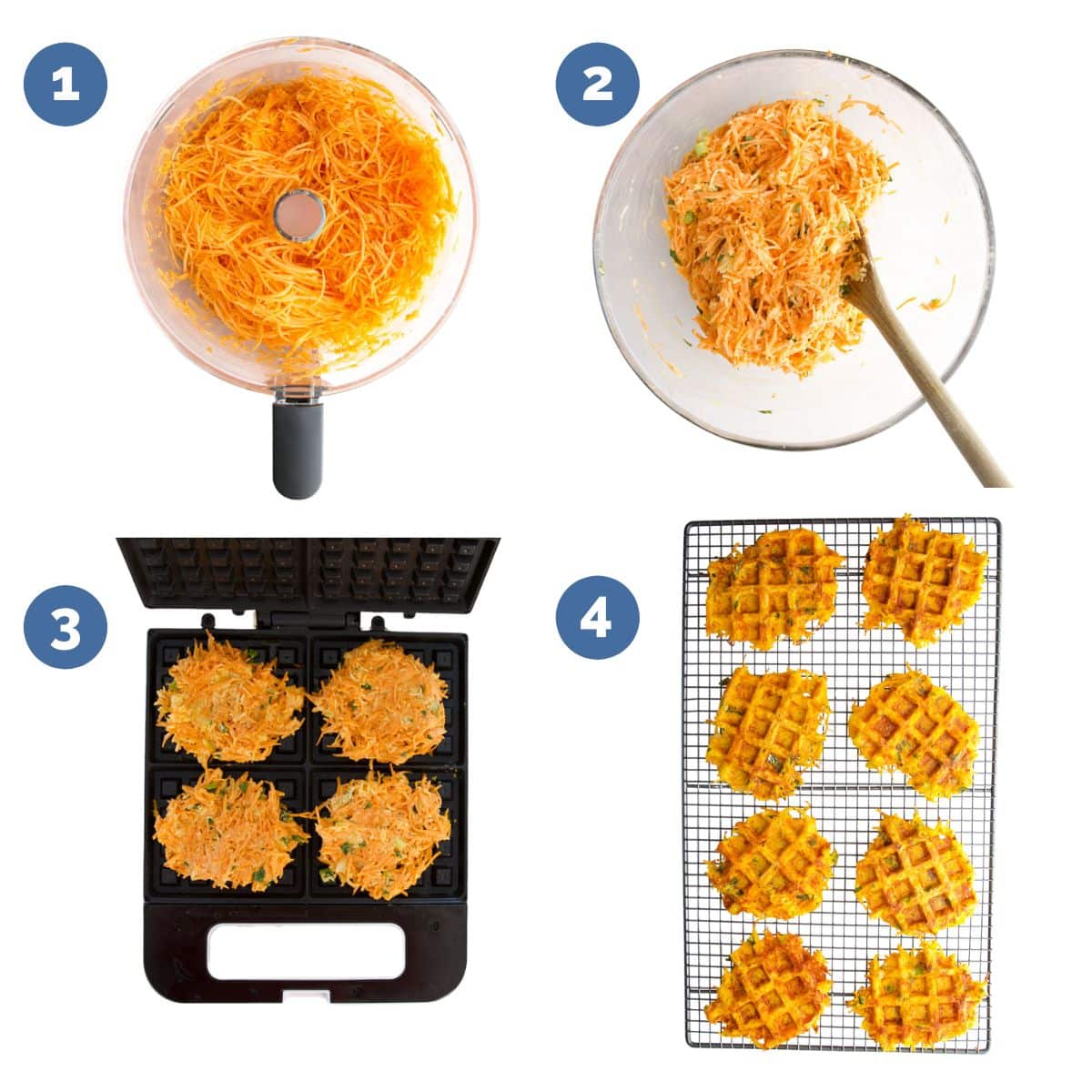 Collage of 4 Images Showing How to Make Savoury Waffles. 1 Grate Vegetables 2. Mix Ingredients in Bowl 3. Waffle Mixture in Waffle Iron 4. Cooked Waffles on Wire Rack.