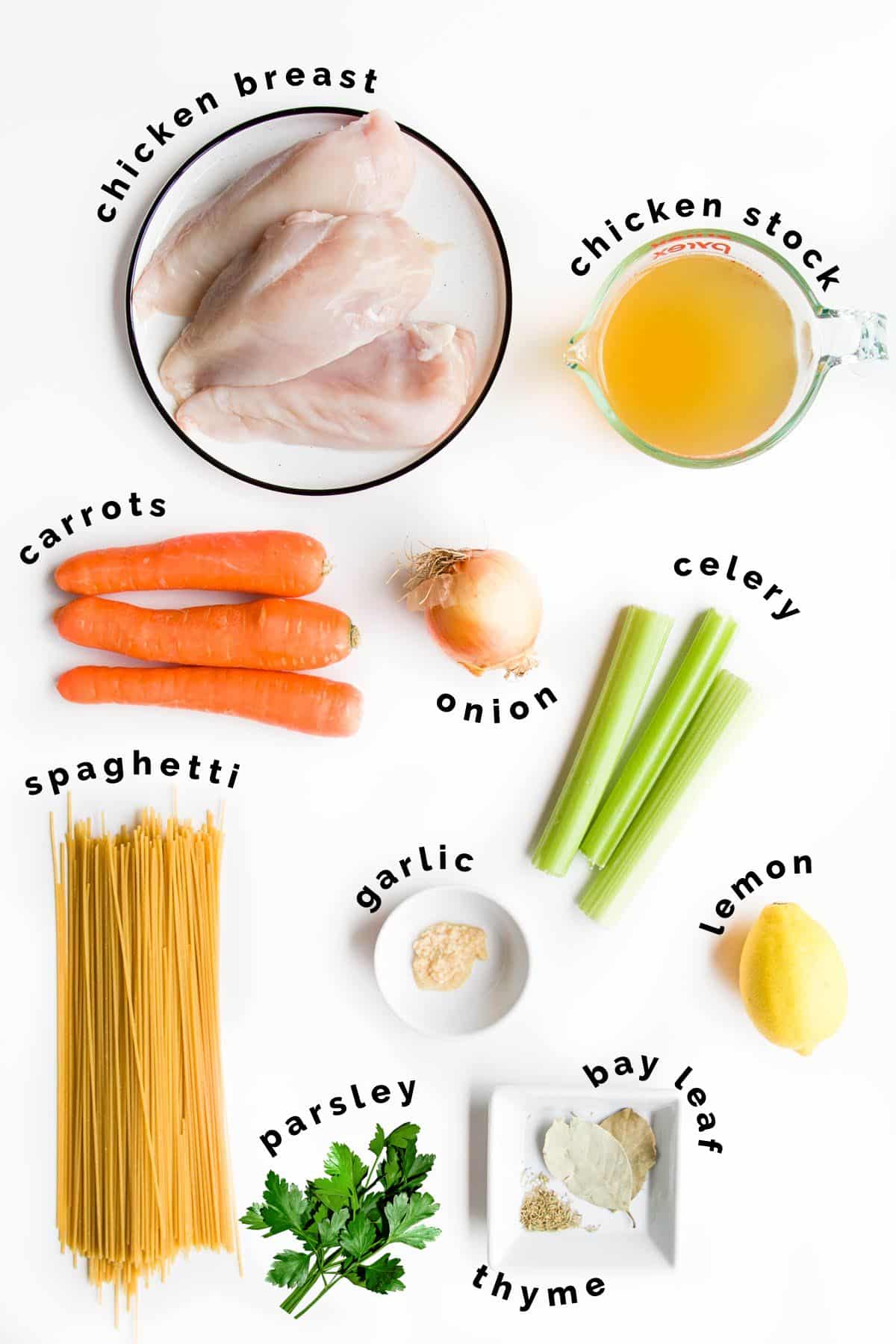 Ingredients Needed to Make Slow Cooker Chicken Noodle Soup (Labelled)