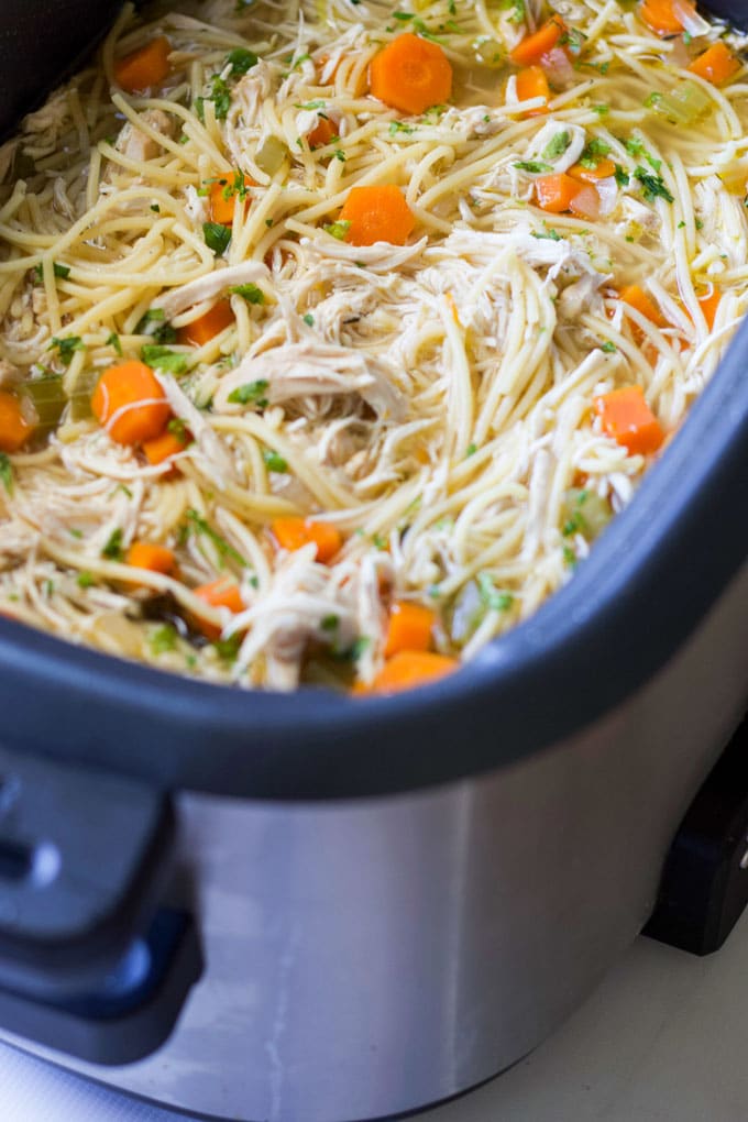 Cooked Chicken Noodle Soup in Slow Cooker