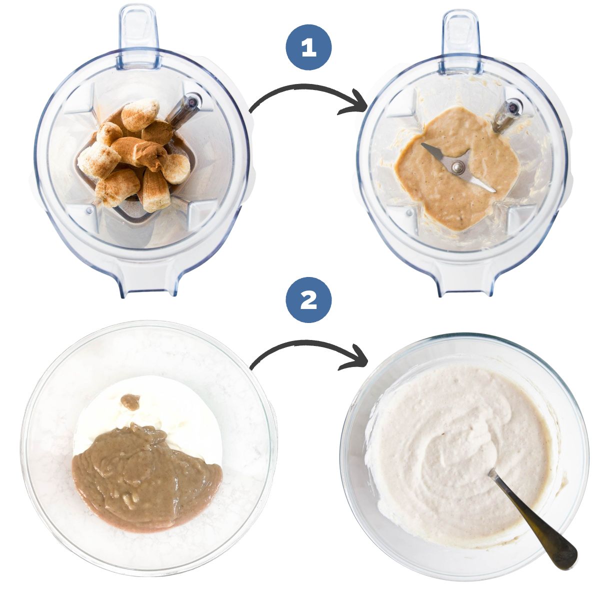 Collage of 4 Images Showing How to Make Banana Yogurt.