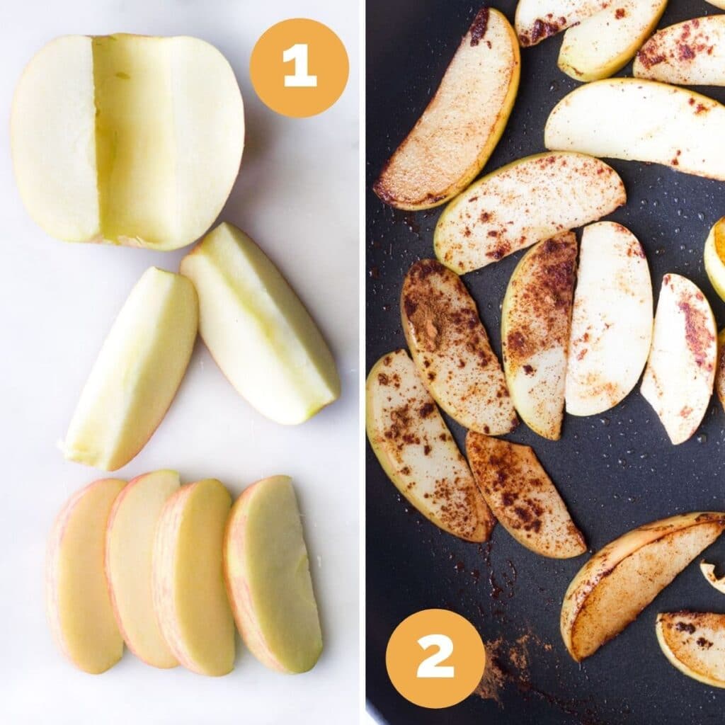 Collage of 2 Images. 1) Cutting Apple into 8 Wedges 2) Apple Wedges in Pan