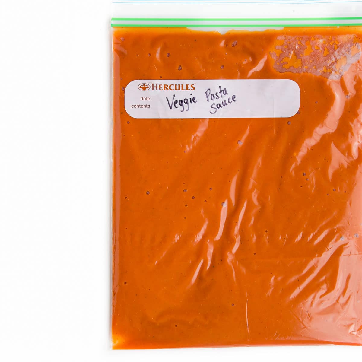 Veggie Pasta Sauce in Zip Lock Bag.