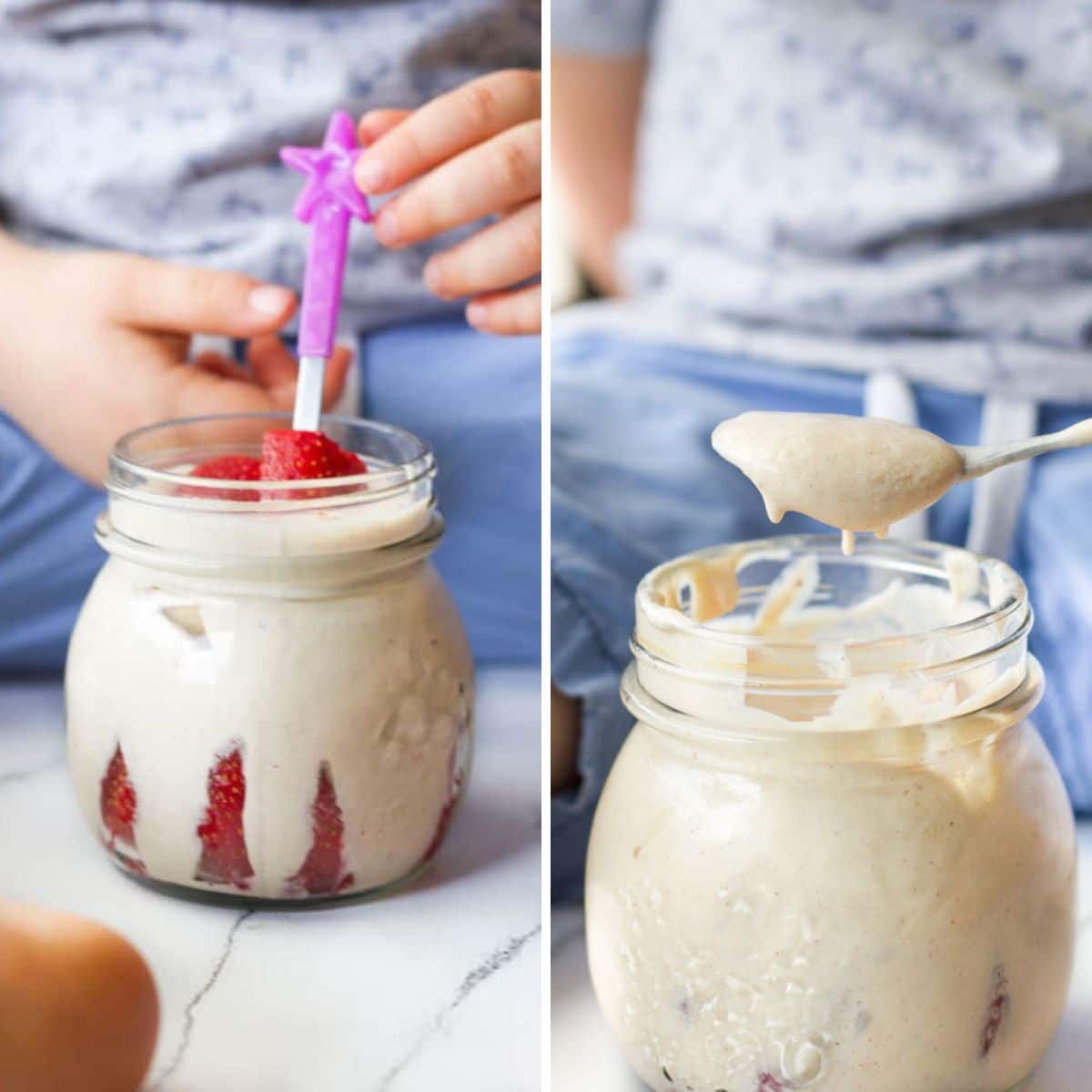 Collage of Two Images. 1) Child Reaching for Spoon in Glass Jar of Banana Puree Topped with Strawberries 2)Close Up of Spoonful of Banana Yogurt above Glass Jar.