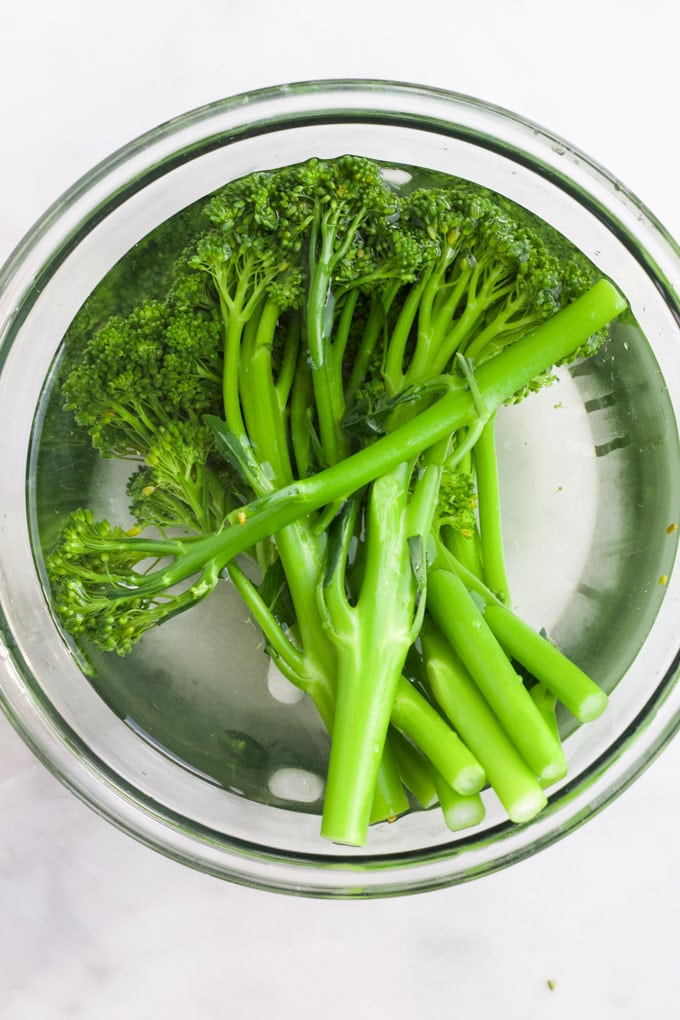 Boiled Broccolini Immersed in Cold Water