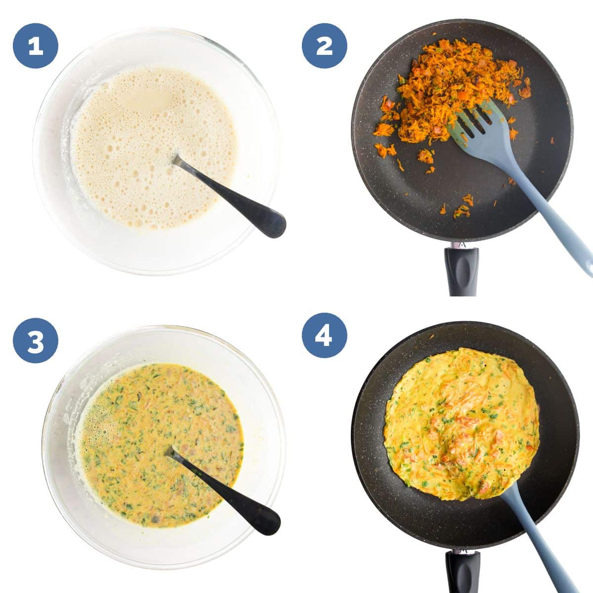 Collage of 4 Images Showing How to Make Chickpea Pancakes. 1)Batter Mixed 2) Vegetables Sauteed 3)Batter and Vegetables Mixed 4) Batter in Pan as Pancake.