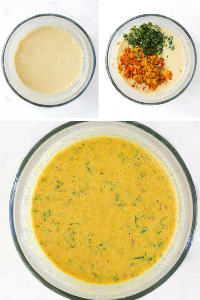 Chickpea Pancake Batter Before and After Vegetables Mixed In