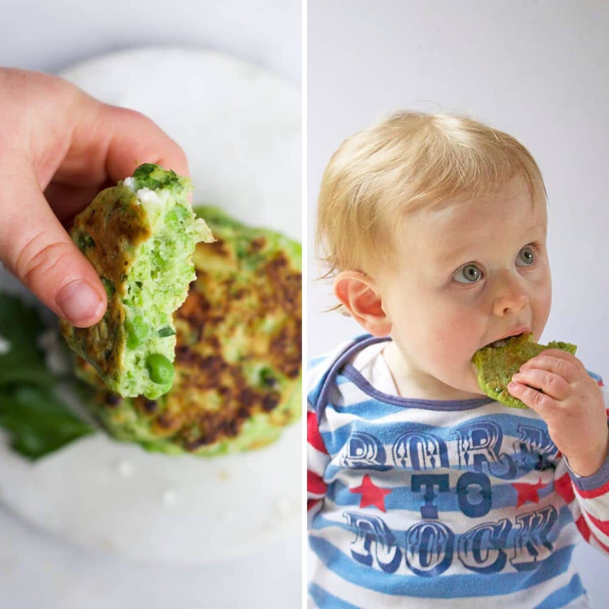 2 Image Collage. 1) Child Holding Pea Fritter with Bite Removed. 2) Baby Eating Pea Fritter.