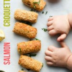 Delicious Salmon and Pea Croquettes. A perfect finger food for Baby-Led Weaning but loved by both kids and adults. Instructions for both baking and frying. #babyledweaning #croquettes #salmon #salmoncroquettes #kidsfood