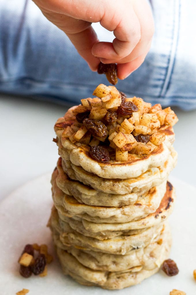 Stack of Apple Pancakes Topped with Cinnamon Sautéed Chopped Apple