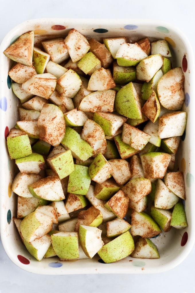 Pears Cut and in Baking Dish Ready to go in Oven