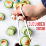 Cucumber sushi is a fun but healthy snack for kids. Easy to prepare, a good way to get kids in the kitchen and a great lunchbox filler. #healthysnack #kidsfood #sushi #cucumber