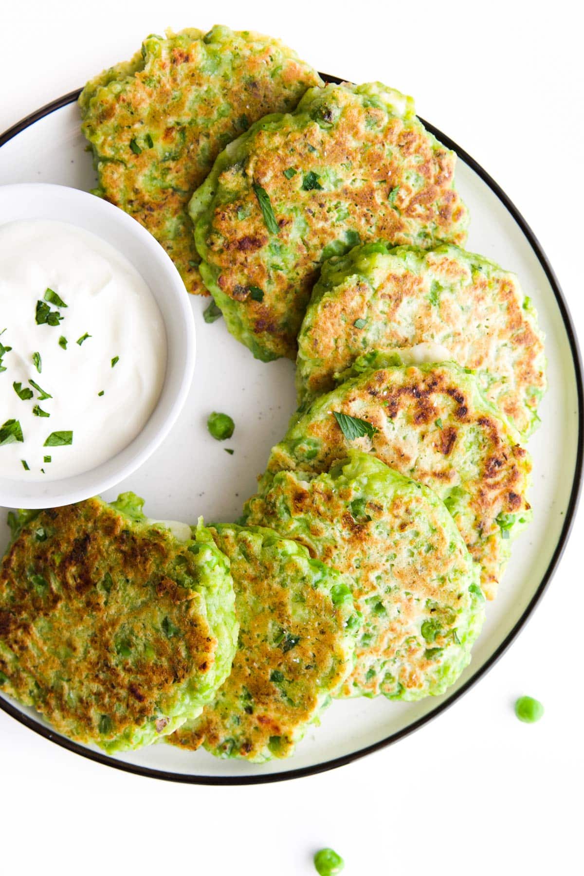 Pea Fritters On Plate with Yogurt Dip.