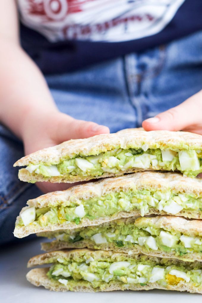 Avocado Egg Salad Sandwiches Cut and Stacked