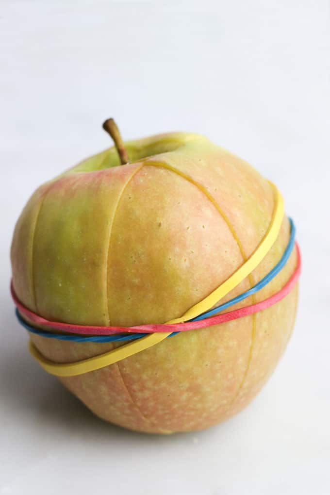 Apple Cut in Segments and Held Together with Elastic Band