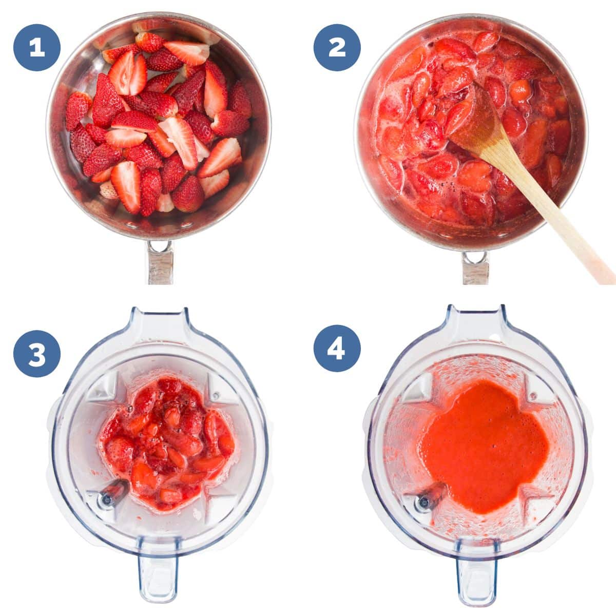 Collage of 4 Images Showing How to Make Cooked Strawberry Puree. 1. Strawberries Quartered in Pan Before Cooking 2. Strawberries in Pan After Cooking. 3. Strawberries in Blender Before Blending 4. Strawberry Puree in Blender.