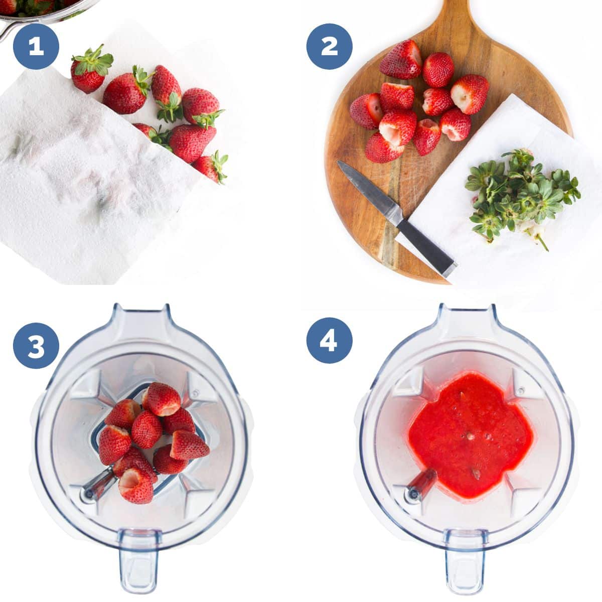 Collage of 4 Images Showing How to Make Strawberry Puree. 1 Strawberries Being Dried After Washing. 2. Strawberries on Wooden Boarded After Hulling. 3. Strawberries in Blender Before Blending 4. Strawberries in Blender After Blending.