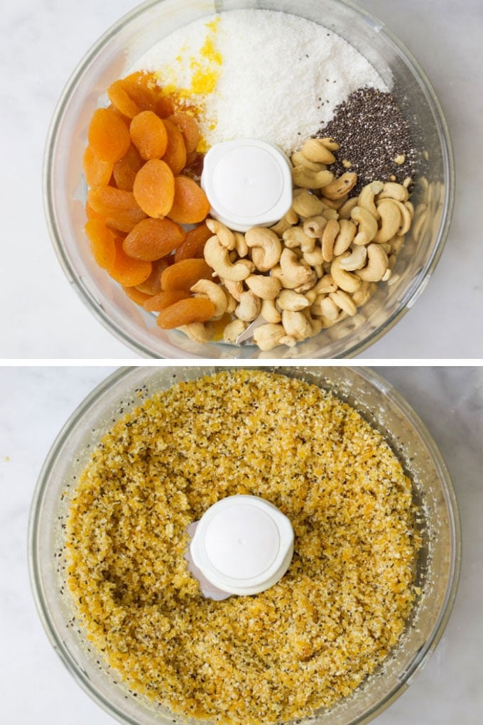 Apricot Balls Ingredients Before and After Blending in Food Processor