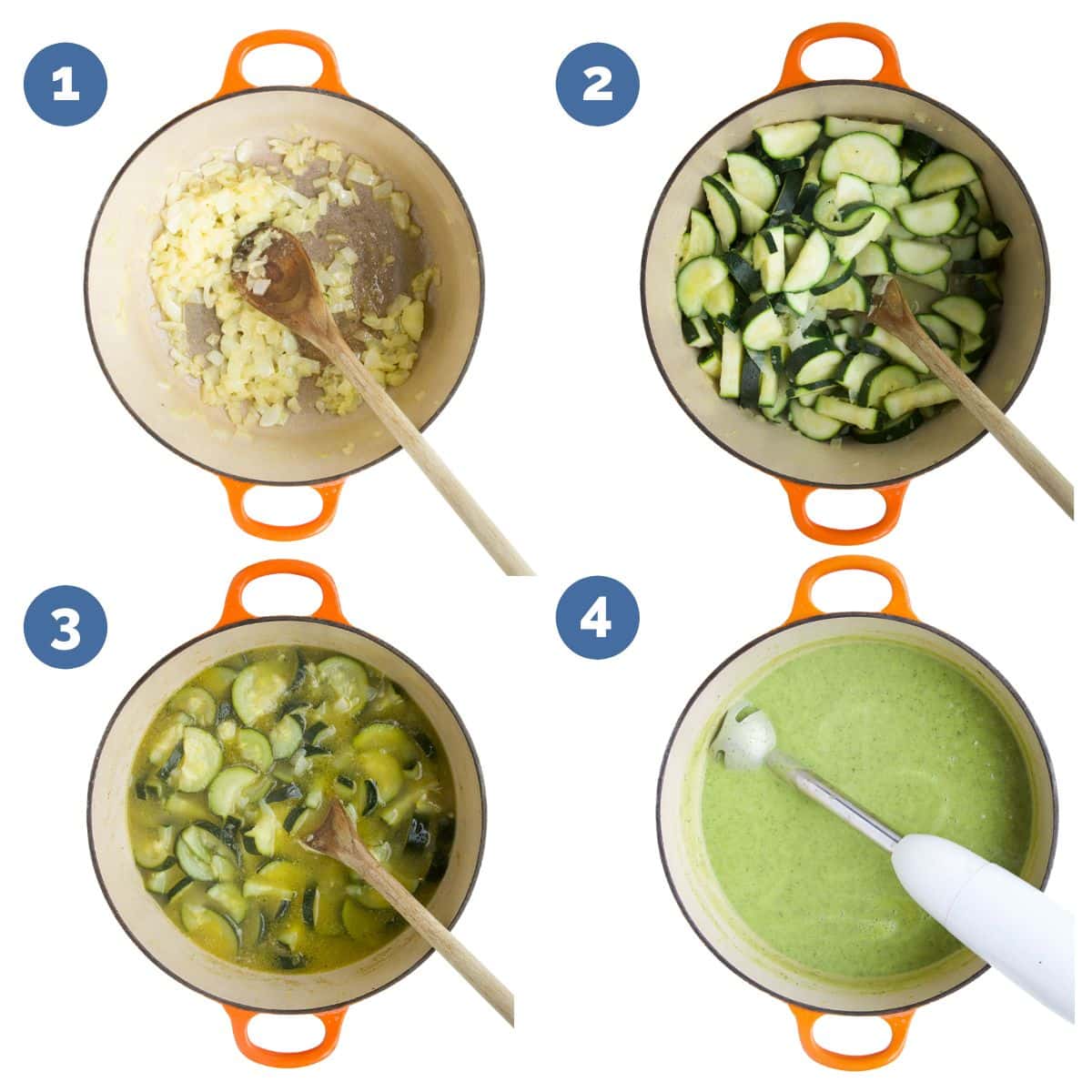 Collage of 4 Images Showing How to Make Courgette Soup. Saute Onion, Sweat Courgettes, Add Stock and Simmer, Blend.