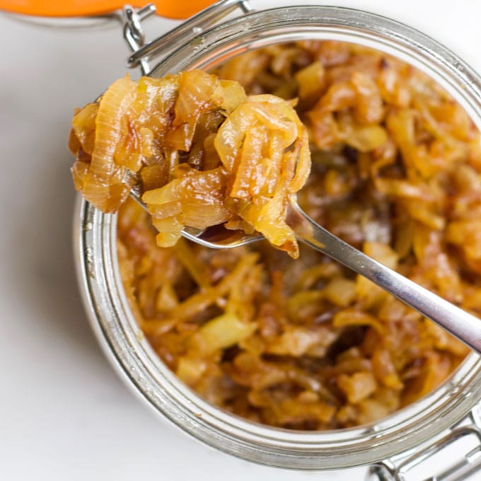 Close Up Shot of Caramelised Onions on a Spoon