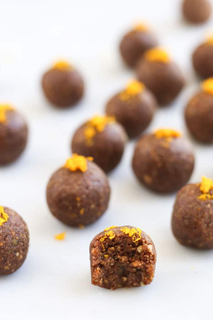 Chocolate Orange Energy Balls with Bite Taken Out