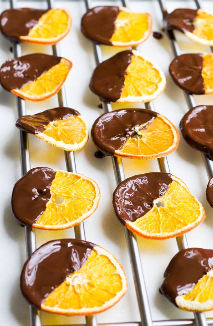 Chocolate Dipped Dried Oranges on Rack